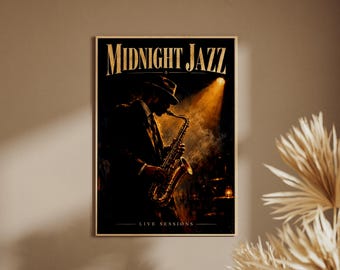 Midnight Jazz Poster, Saxophone Player Wall Art, Vintage Jazz Club Print, Music Room Decor