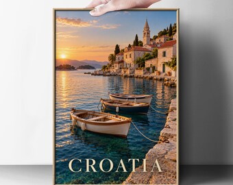 Croatia Travel Poster, Adriatic Sunset Harbour Print, Mediterranean Coastal Wall Art, Wooden Boats
