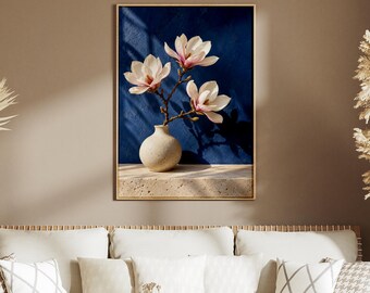 Cuadro decorativo de flores de magnolia, lámina botánica rosa, póster floral azul marino, bodegón para sala de estar.