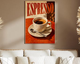 Vintage Espresso Poster, Italian Coffee Wall Art, Retro Cafe Print, Kitchen Decor, Burnt Orange