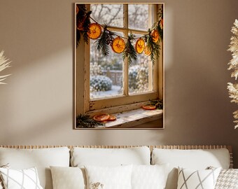 Dried Orange Garland Winter Window Print, Christmas Wall Art, Rustic Farmhouse Festive Poster