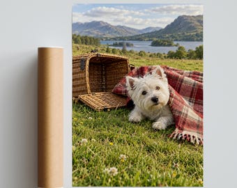 Póster de perro Westie, arte de pared de West Highland Terrier, manta de picnic escocesa con estampado de tartán de los lagos de las Tierras Altas escocesas.