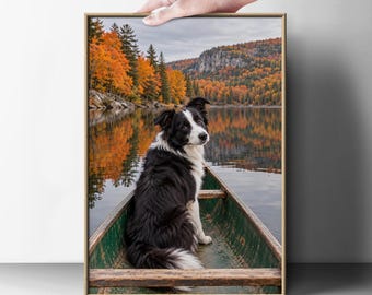 Border Collie Canoe Autumn Lake Poster, Dog Wall Art, Fall Foliage Print, Cabin Decor, Dog Lover