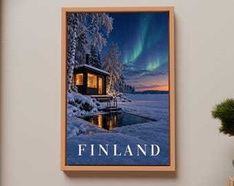 Finland Travel Poster, Northern Lights Sauna Cabin, Snowy Lake (Print)