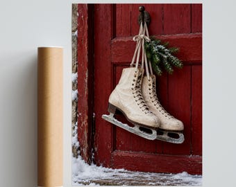 Vintage Ice Skates Print, Rustic Red Door Winter Wall Art, Christmas Poster, Farmhouse Cabin Decor