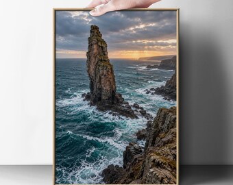 Coastal Sea Stack Wall Art, Dramatic Ocean Cliffs Sunset Landscape Poster, Rugged Seascape