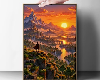 Voxel Autumn Landscape Poster, Stone Bridge and Fantasy Traveller, Gaming Room Wall Art