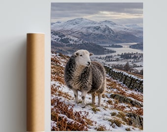Ovejas Herdwick en la nieve, póster de paisaje invernal del Distrito de los Lagos, lámina decorativa para pared de lagos de montaña de Cumbria