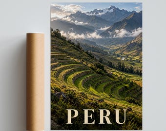 Peru reseposter, Anderna-tryck, Inkaterrasser väggkonst, Heliga dal landskapstryck