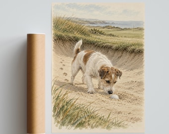 Jack Russell Golf Print, Dog in a Sand Bunker, Funny Golf Wall Art