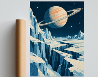 Retro Sci-Fi Ringed Planet Poster, Icy Moon Landscape Print (Astronomy Wall Art)