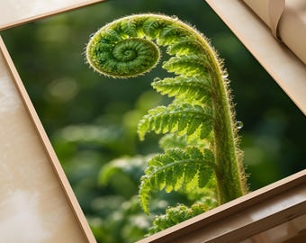 Fern Fiddlehead Print, Botanical Wall Art, Green Nature Poster, Macro Plant Photography