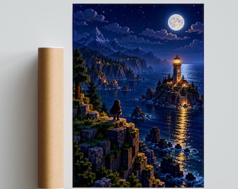 Voxel Lighthouse Poster, Moonlit Ocean and Traveller, Gaming Room Wall Art