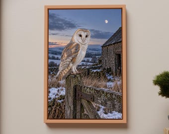 Barn Owl Winter Countryside Print, Snowy Stone Barn, Moonlit Dusk Wall Art