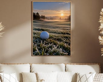 Póster de un campo de golf helado con amanecer, arte mural de una calle brumosa para golfistas.