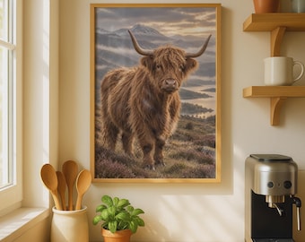 Highland Cow Scottish Landscape Poster, Rustic Animal Wall Art, Scotland Loch Mountain