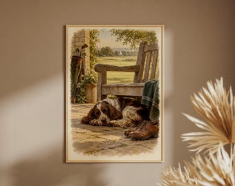Sleeping Cocker Spaniel Print, Clubhouse Dog and Golf Shoes Wall Art