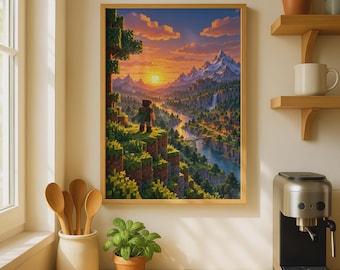Arte de paisaje de puesta de sol de Minecraft, arte mural para gamers, póster de mundo pixelado, decoración para habitación de gamer