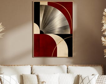 Abstrakt art déco-poster, rödsvart krämfärgad geometrisk print, silverfärgad solfjäder, guldbågar