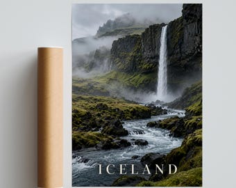 Iceland Waterfall Poster, Moody Highland Landscape Wall Art, Misty Mountain Nature Print