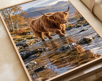 Highland Cow Wall Art, Scottish Highlands Print, Autumn Landscape Poster, Birch Trees, Loch