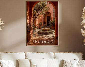 Morocco Travel Poster, Moroccan Courtyard Wall Art, Terracotta Riad Fountain Print, Marrakech Decor