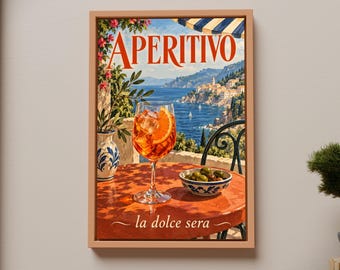 Aperitivo Poster, Italian Coastal Terrace, Spritz Cocktail Print, Vintage Travel Style
