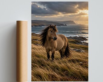 Wild Pony Coastal Landscape Poster, Windswept Horse Wall Art, Golden Hour Seascape Print