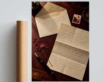 Vintage Love Letter Poster, Dark Academia Wall Art, Fountain Pen & Pressed Flower Print, Burgundy
