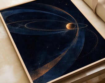 Poster med himmelsbana, marinblå och guldfärgad planetväggkonst, abstrakt rymdtryck, dekoration med kosmisk astronomi