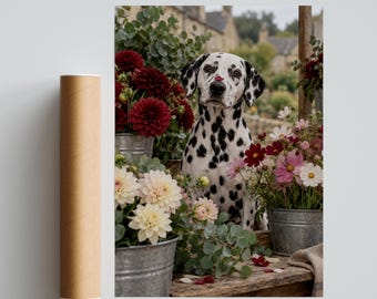 Dalmatian Dog Print, Cottage Garden Flower Market Wall Art, Dahlia Cosmos Floral Poster
