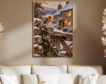 Christmas Robin Print, Snowy Cottage Garden Bird Wall Art