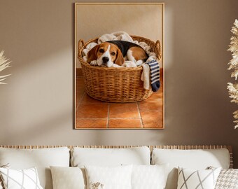 Beagle Dog Poster, Cute Beagle in Wicker Laundry Basket, Cosy Terracotta Wall Art, Dog Lover Gift