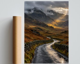 Lake District Landscape Print, Winding Mountain Road Wall Art, Autumn Fells Poster, Dry Stone Wall