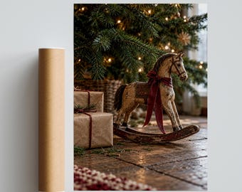 Lámina navideña vintage con caballito mecedora, arte mural rústico festivo, póster navideño nórdico.