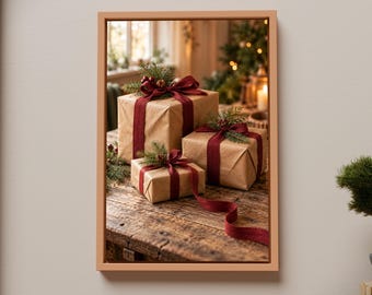 Christmas Gifts Wall Art, Rustic Kraft Paper Presents, Burgundy Ribbon, Festive Winter Holiday