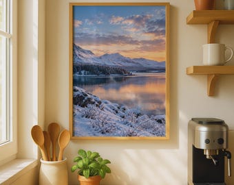 Winter Mountain Lake Poster, Snowy landscape wall Art