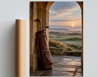 Vintage Golf Bag Poster, Links Golf Course at Sunrise, Stone Archway Wall Art, Golfer Gift Print