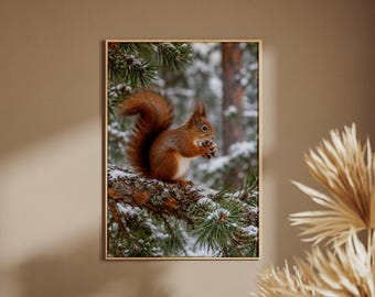 Red Squirrel Winter Forest Print, Snowy Pine Branch Wildlife Art (Poster)