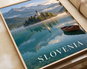 Póster turístico de Eslovenia, iglesia en la isla del lago Bled, paisaje alpino para pared, lámina panorámica.