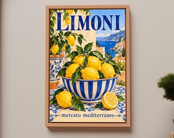Limoni Lemon Print, Amalfi Coast Kitchen Wall Art, Italian Mediterranean Poster, Blue Yellow Decor