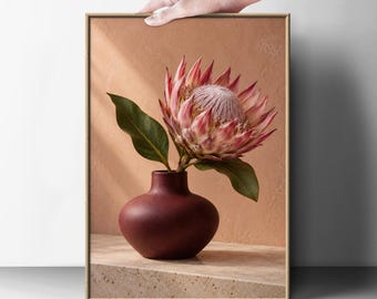 King Protea Botanical Wall Art, Pink Flower Poster, Burgundy Vase Still Life Print, Terracotta Decor