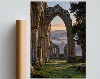 Gothic Abbey Ruins Wall Art, Misty Sunrise Landscape Poster, Medieval Stone Arch, English