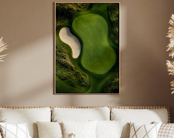 Golf Course Aerial Print, Links Golf Green Poster, Bunker and Red Flag, Golfer Gift Wall Art