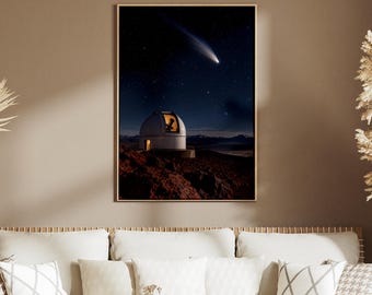 Póster de cometa sobre el observatorio, arte mural del cielo nocturno, lámina del espacio estrellado, astronomía de la cúpula del telescopio