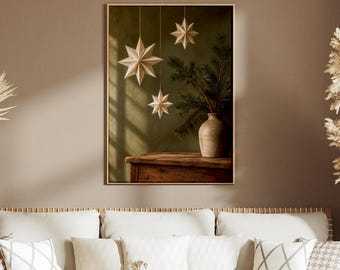 Paper Star Christmas Wall Art, Scandinavian Winter Poster, Pine Branch Still Life, Green Festive