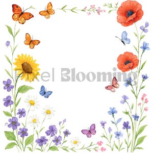 Cadre d'invitation papillon｜Cadre papillon fleurs sauvages｜Cartes de remerciement fleurs sauvages｜Cadre fleurs sauvages png｜Invitation numérique png｜Bordure florale png