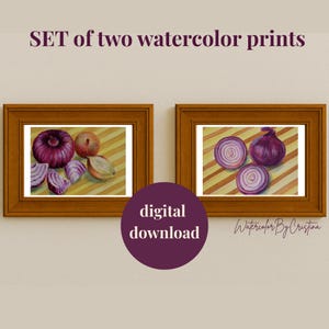 Onion watercolor digital print set of two, for kitchen decor, dinning room decor, purple yellow onion prints, watercolor digital art