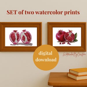 Pomegranate watercolor digital print set of two, for kitchen decor, dinning room decor, red pomegranate prints, watercolor digital art