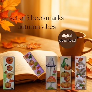 Autumn Watercolor Bookmarks: Hedgehog, Leaves, Pumpkins (Printable Set of 10)